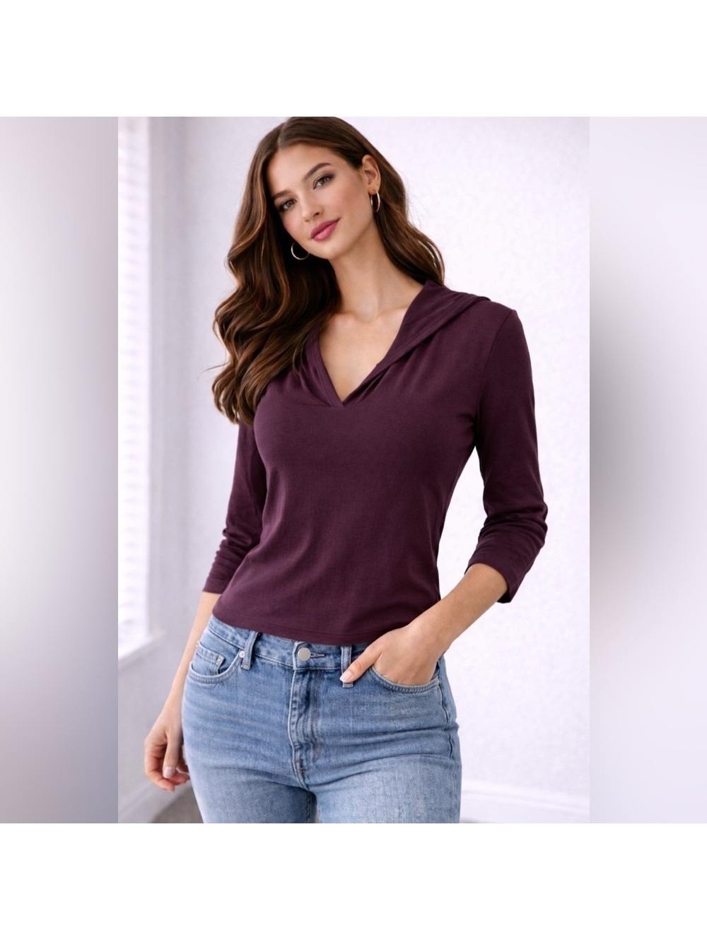 Bebe Hooded Active Top Plum Purple Soft Stretch 3/4 Sleeve S Gym, Yoga Pillates